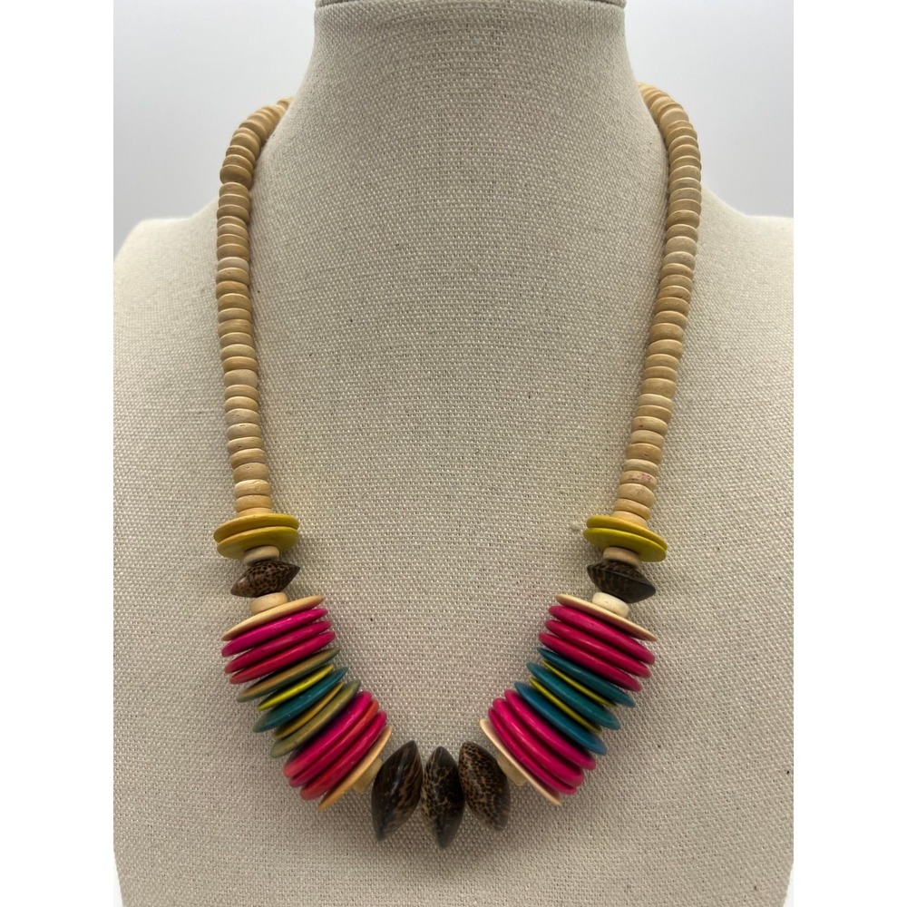 Dyed Wood Bead Statement Necklace Boho Eclectic Artsy Multi Color Wood 21.5"